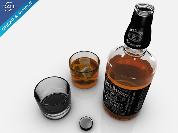 c4d jack daniels whiskey bottle glass - Jack daniels whiskey bottle and glasses by Videomeka