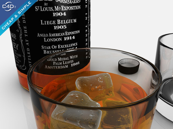 c4d jack daniels whiskey bottle glass - Jack daniels whiskey bottle and glasses by Videomeka