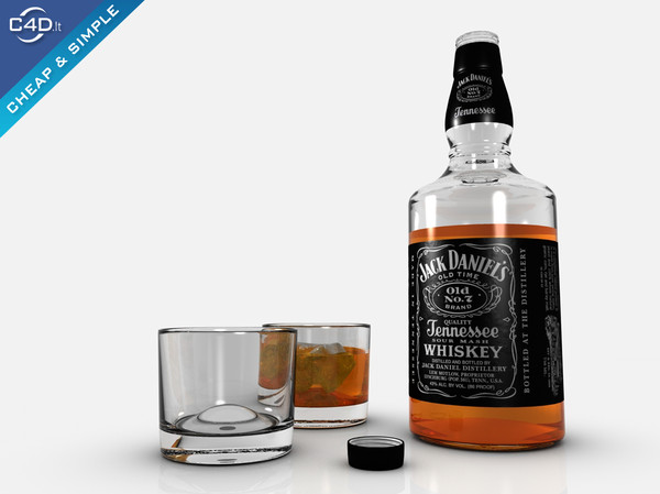 c4d jack daniels whiskey bottle glass - Jack daniels whiskey bottle and glasses by Videomeka