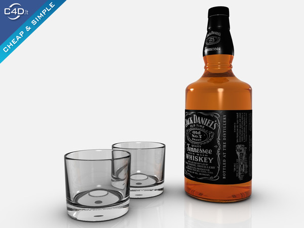 c4d jack daniels whiskey bottle glass - Jack daniels whiskey bottle and glasses by Videomeka