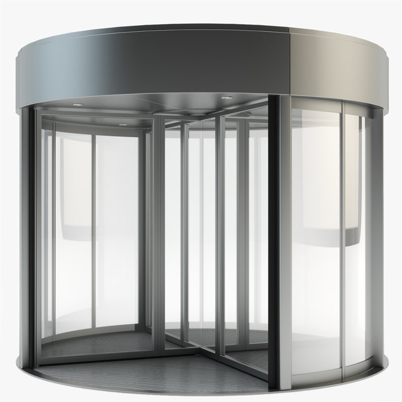 Spinning Door & People Using Automatic Revolving Glass Door Or Entering