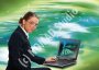 Woman with a laptop computer in a virtual world